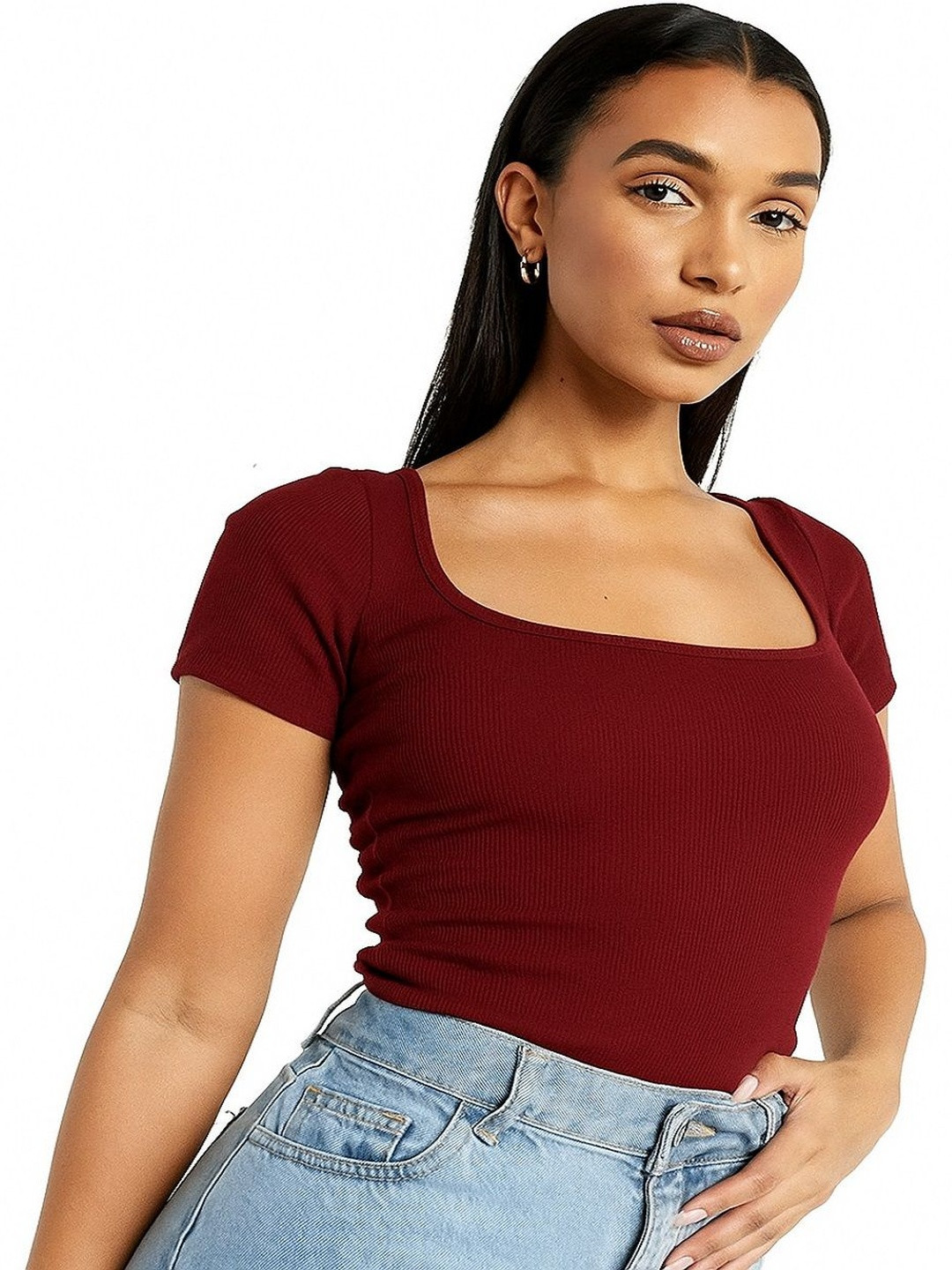 PRIME LOVE Maroon Square Neck Ribbed Top