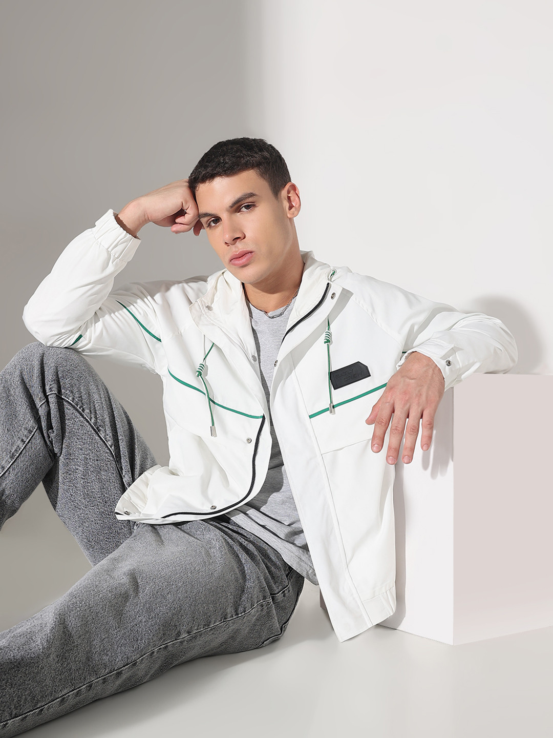 SHOWOFF Men White & Green Lightweight Hooded Nylon Biker Jacket