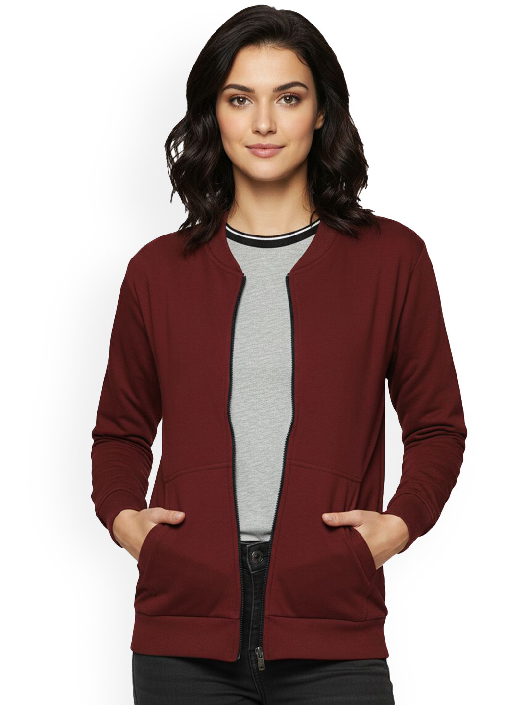 Leotude Women Collarless Solid Bomber Jacket With Zipper Closure And Side Pockets