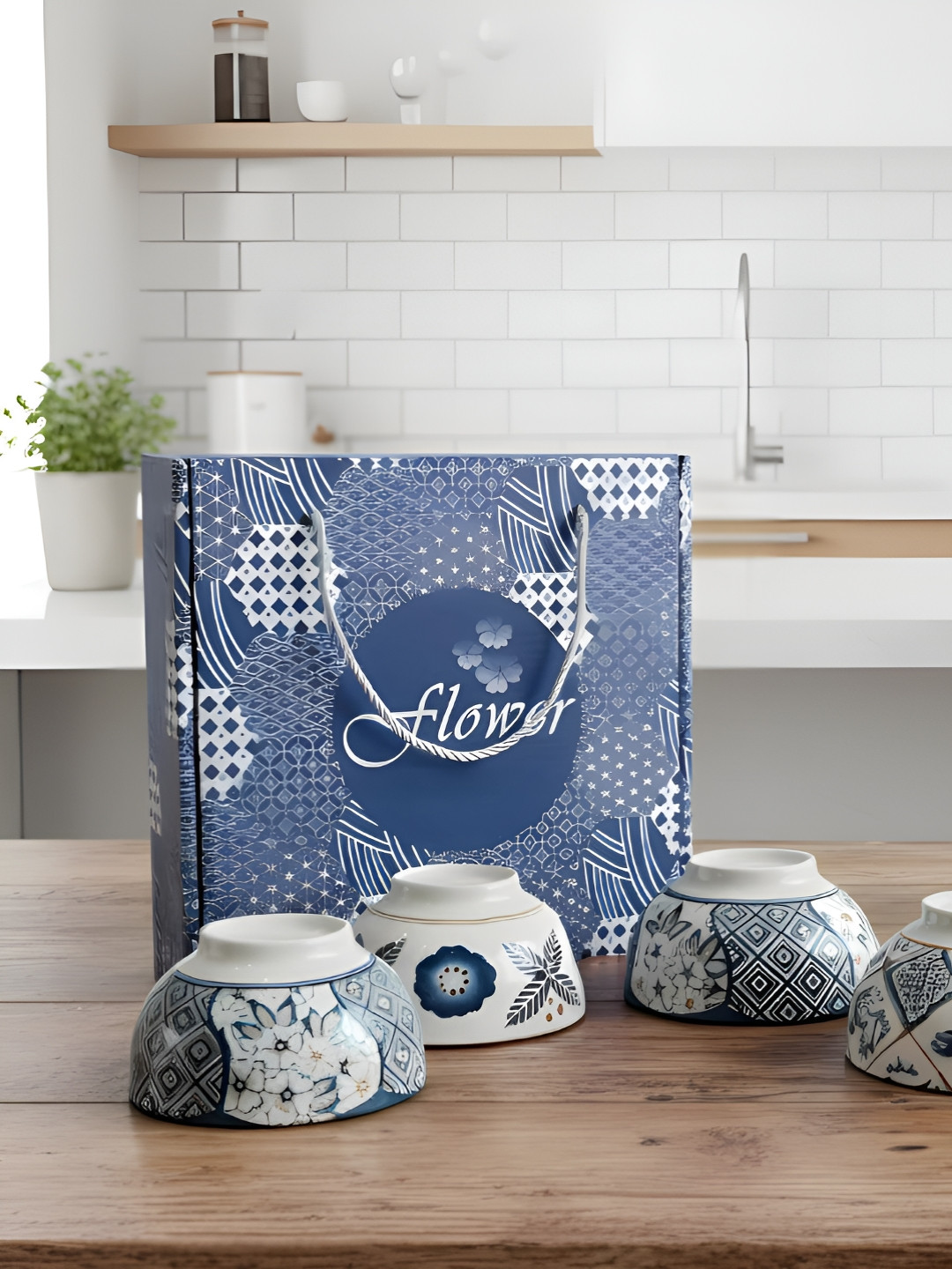 Tiny Shiny 4 Pieces Blue & White Printed Ceramic Serving Bowls
