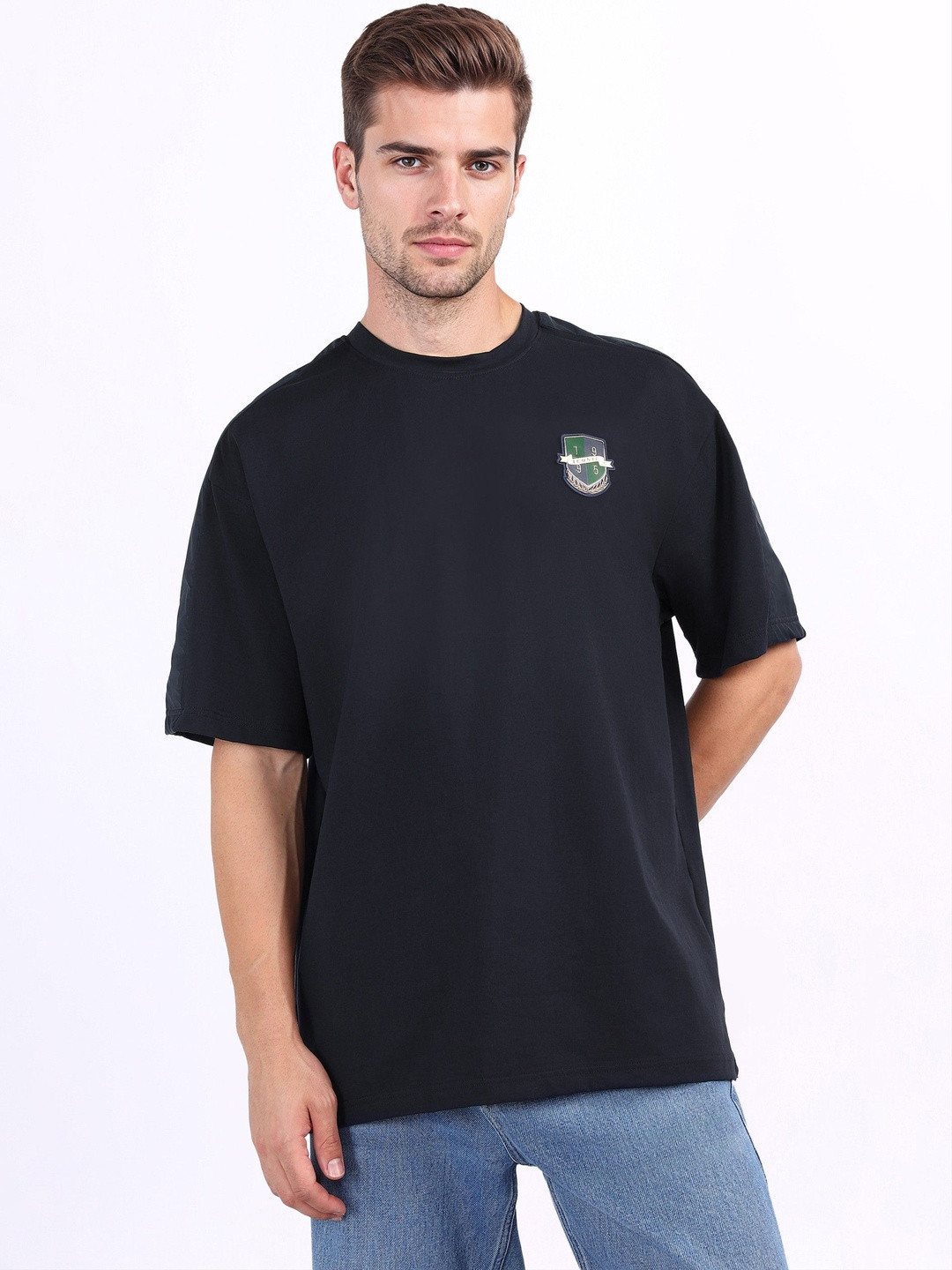 Iconic Men Solid Round Neck Pure Cotton Oversized T-shirt