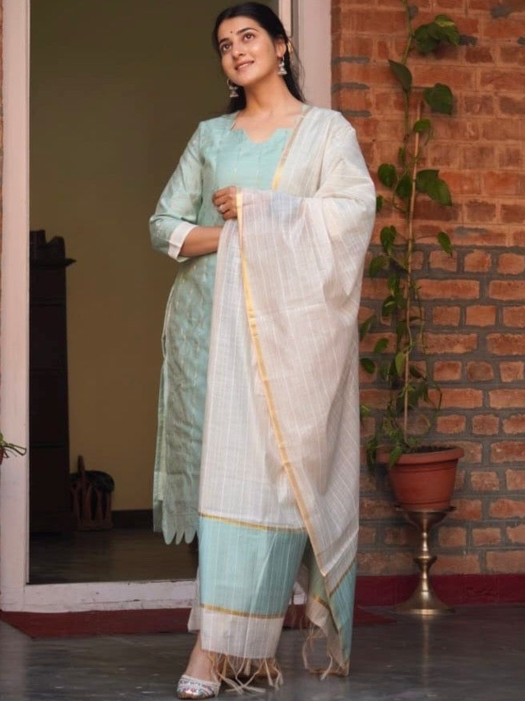 Geetha Creation Women Thread Work Kurta with Trousers & With Dupatta
