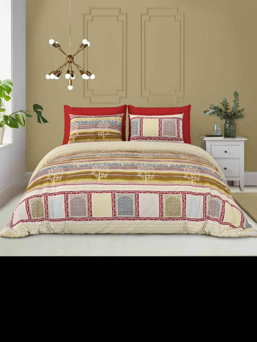 Wee Hours Red & Yellow Motifs Printed Cotton 500 TC Super King Bedsheet - 2.75m x 2.75m
