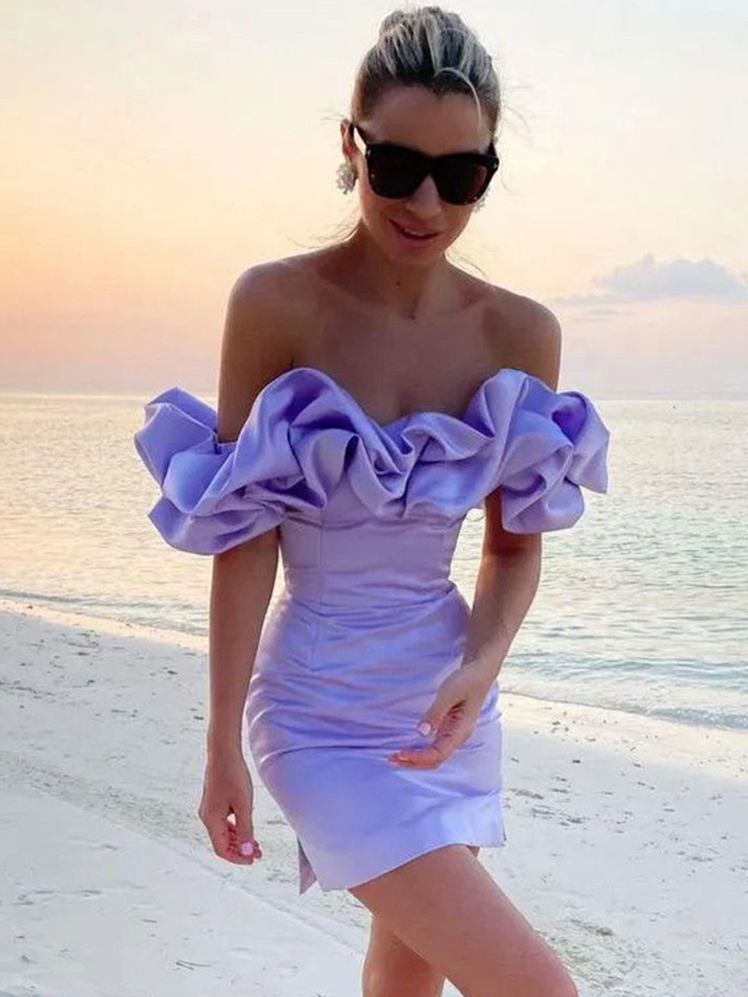 KPOP Women Off-Shoulder Flared Sleeve Ruffled Bodycon Mini Dress