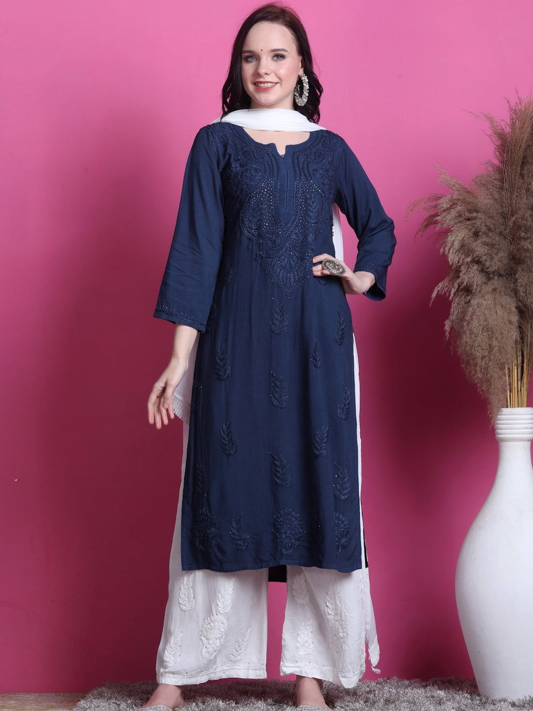 MALABIS Saliha 3D Handwork Lucknowi Floral Embroidered Chikankari Kurta