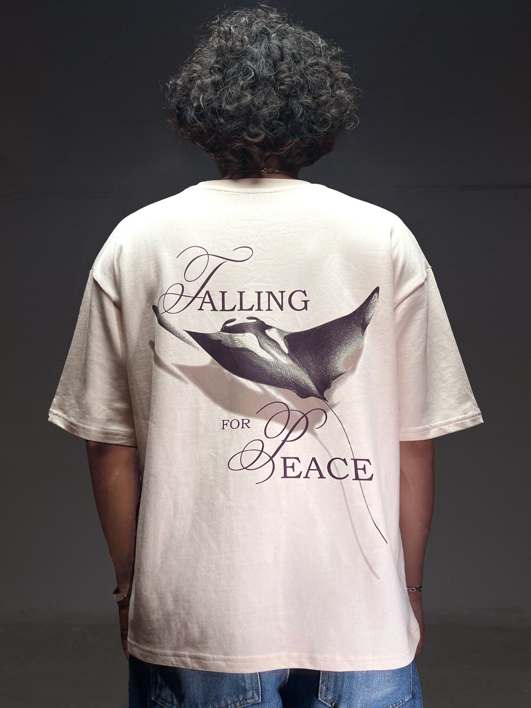 WHITE HUSK Men Manta Ray Graphic Printed Cotton Oversized Omniverse Collection T-shirt