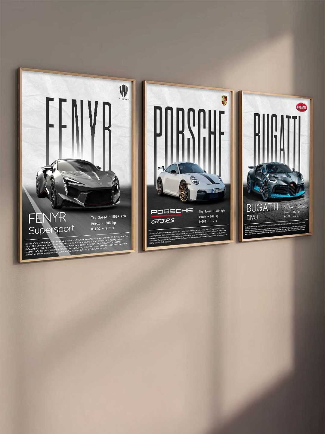 Kotart White & Charcoal 3 Pieces Wooden Sports Car Wall Paintings