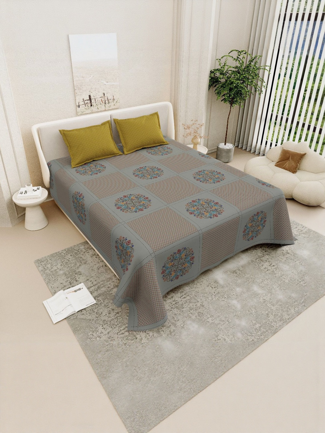 Wee Hours Grey & Yellow Motifs Printed Cotton 500 TC Super King Bedsheet - 2.75m x 2.75m