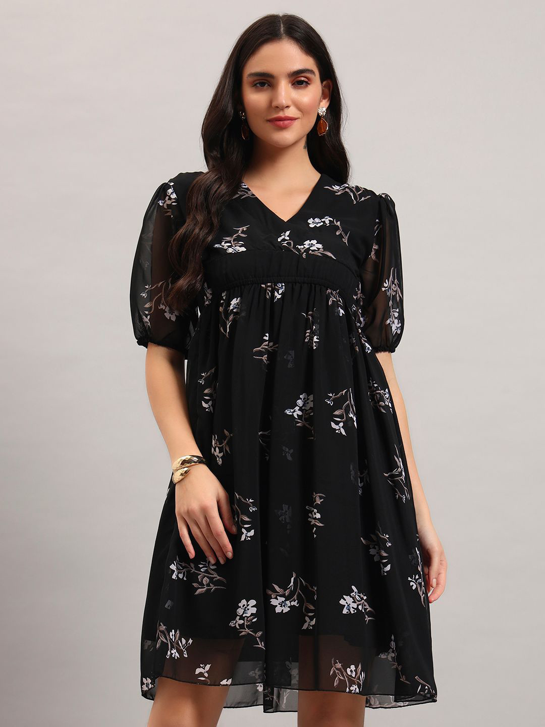 ROSEMELON Women Floral Print Puff Sleeve Georgette A-Line Dress