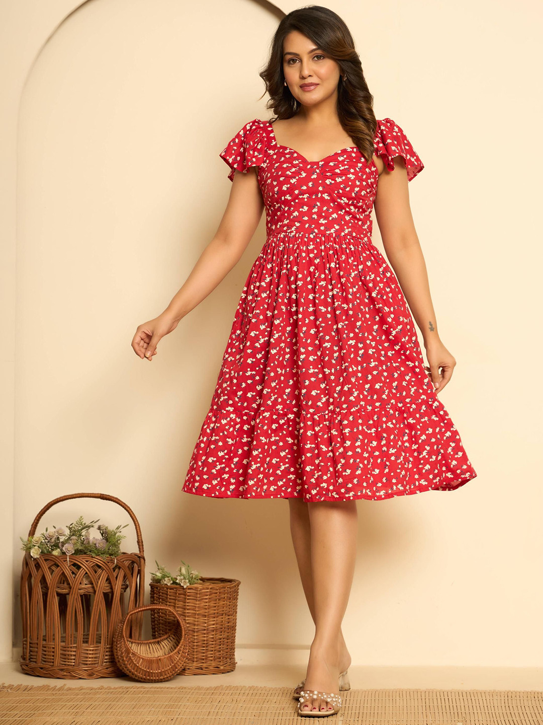 KASYA Floral Printed Flared Sleeves Knee Length Fit & Flare Dress