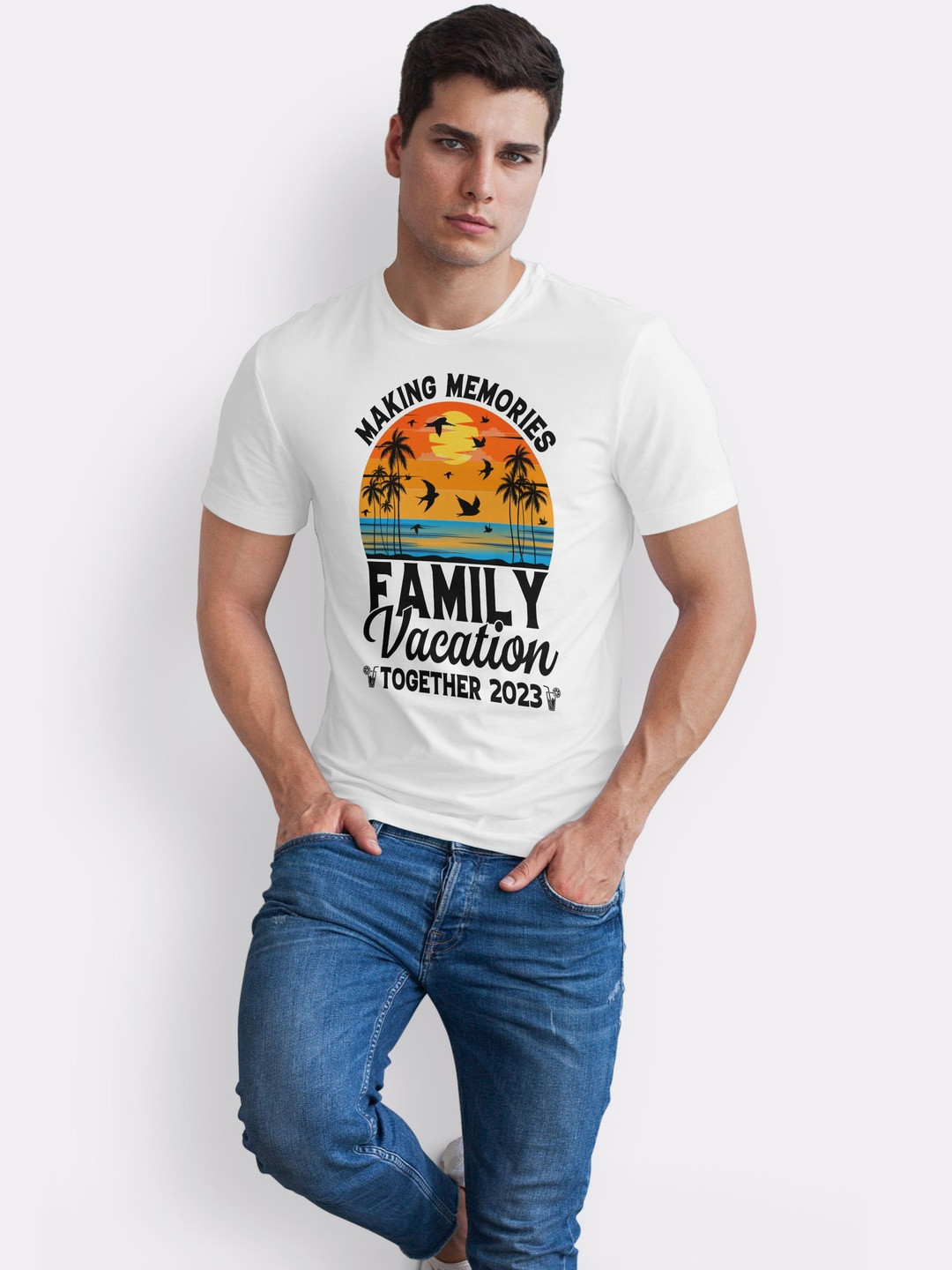 Seekbuylove Men Family Vacation Printed Round Neck Short Sleeves Bio Finish Cotton T-shirt