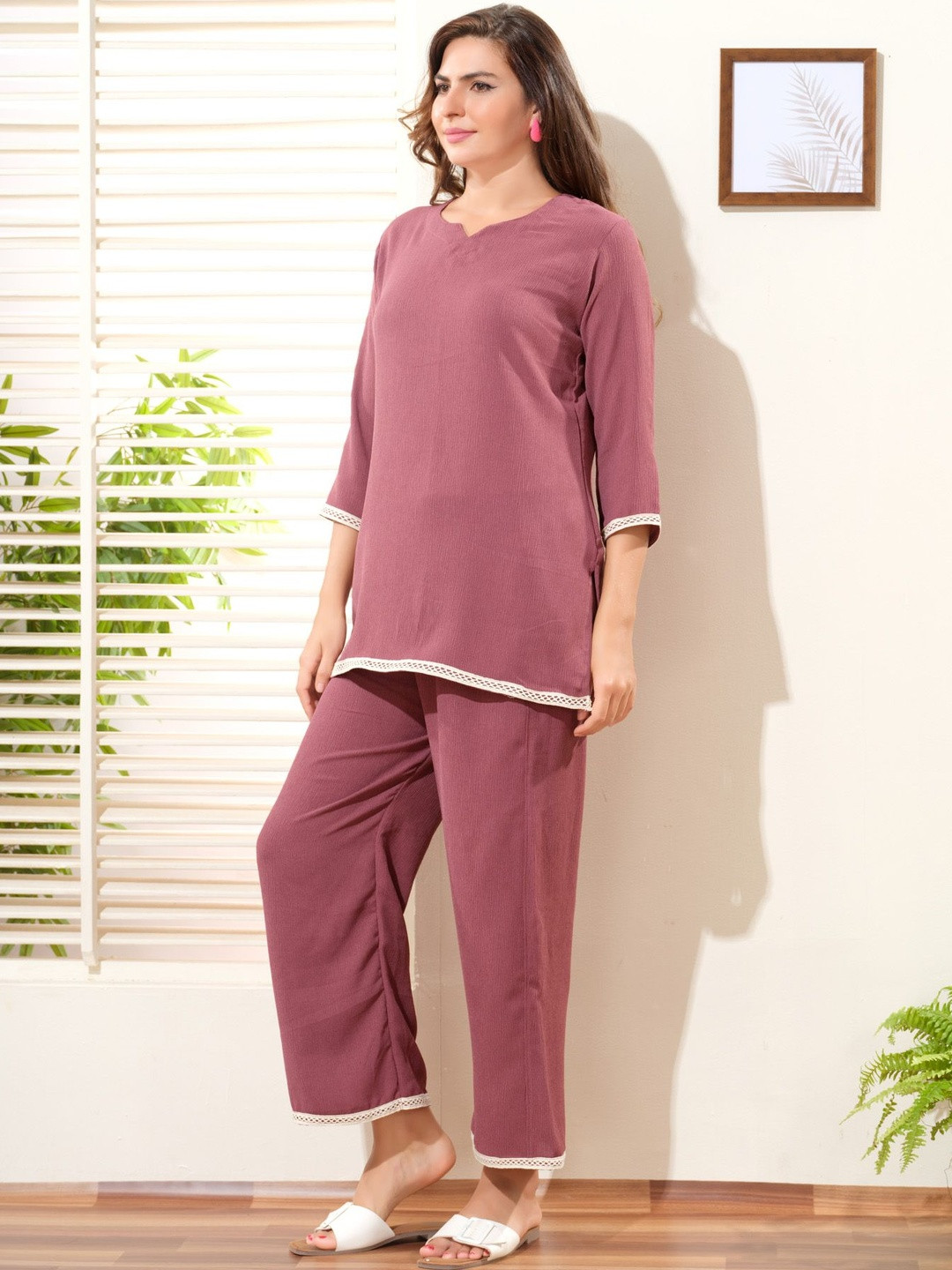 NIGHT FLOSS Women Solid Above Knee Kurta with Pyjamas