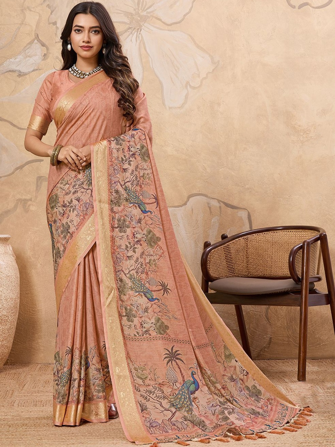 100 Dreams Kalamkari Printed Woven Design Border Zari Pure Crepe Saree