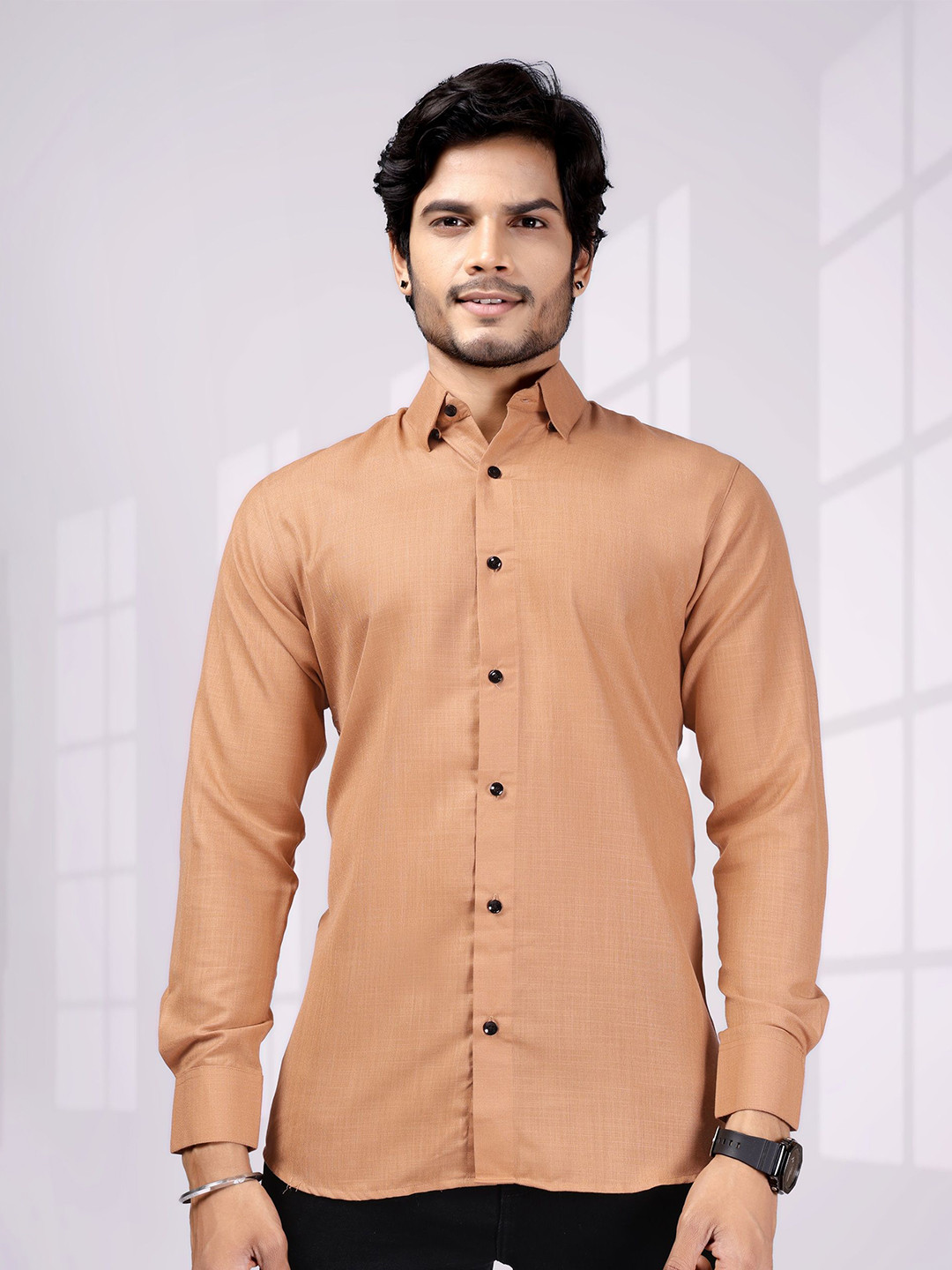 RICH STAG Men Comfort Slim Fit Textured Spread Collar Cotton Casual Shirt