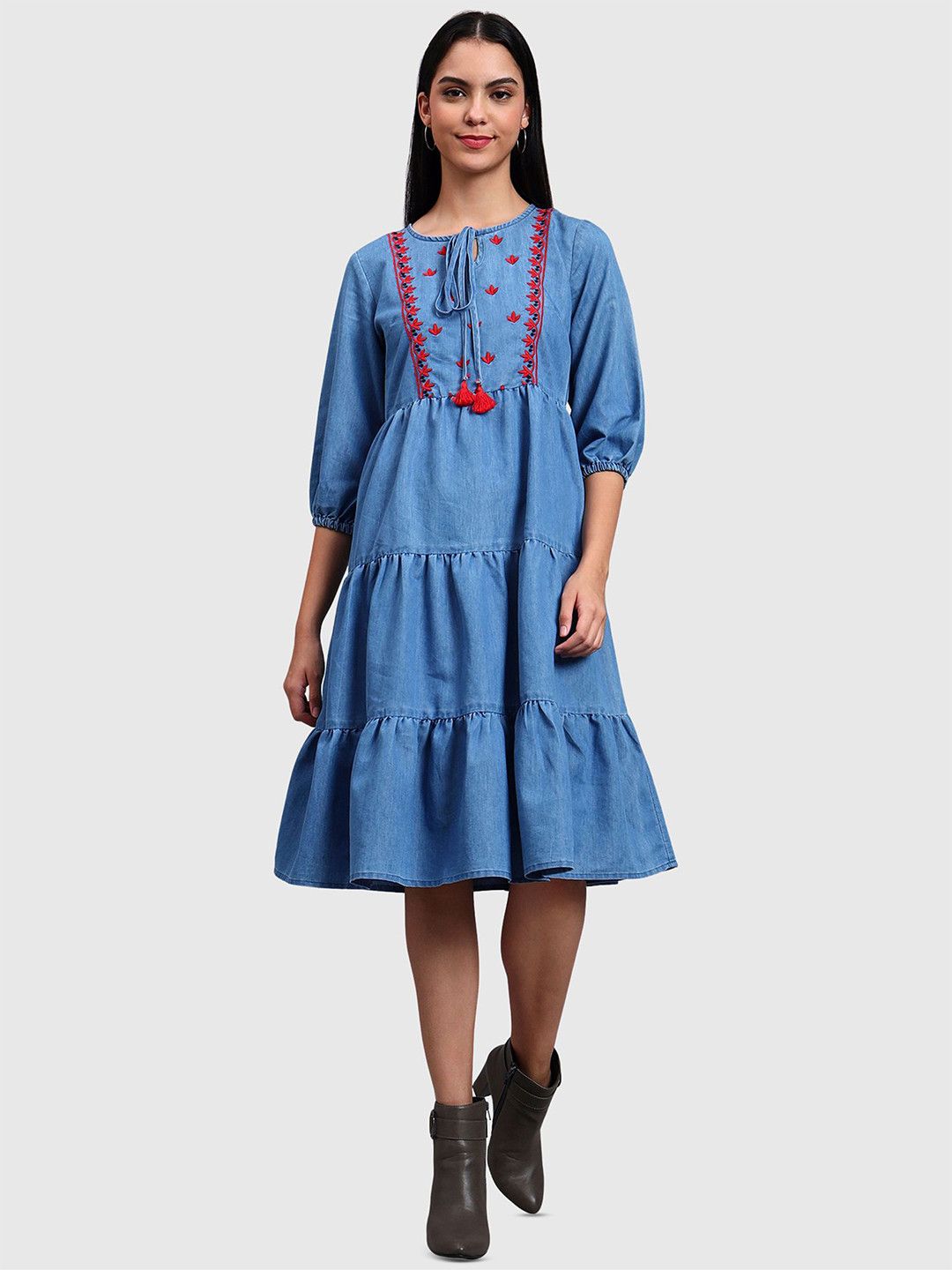R.Code by The Roadster Life Co. Embroidered Denim A-Line Midi Dress