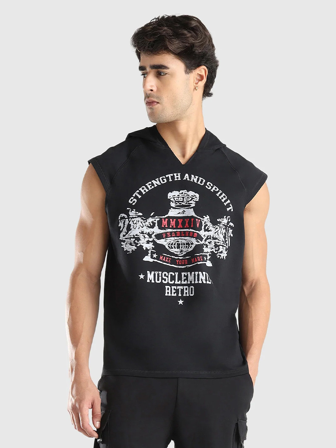 Musclemind Men X-Dry Soft Typography Printed Hooded T-shirt