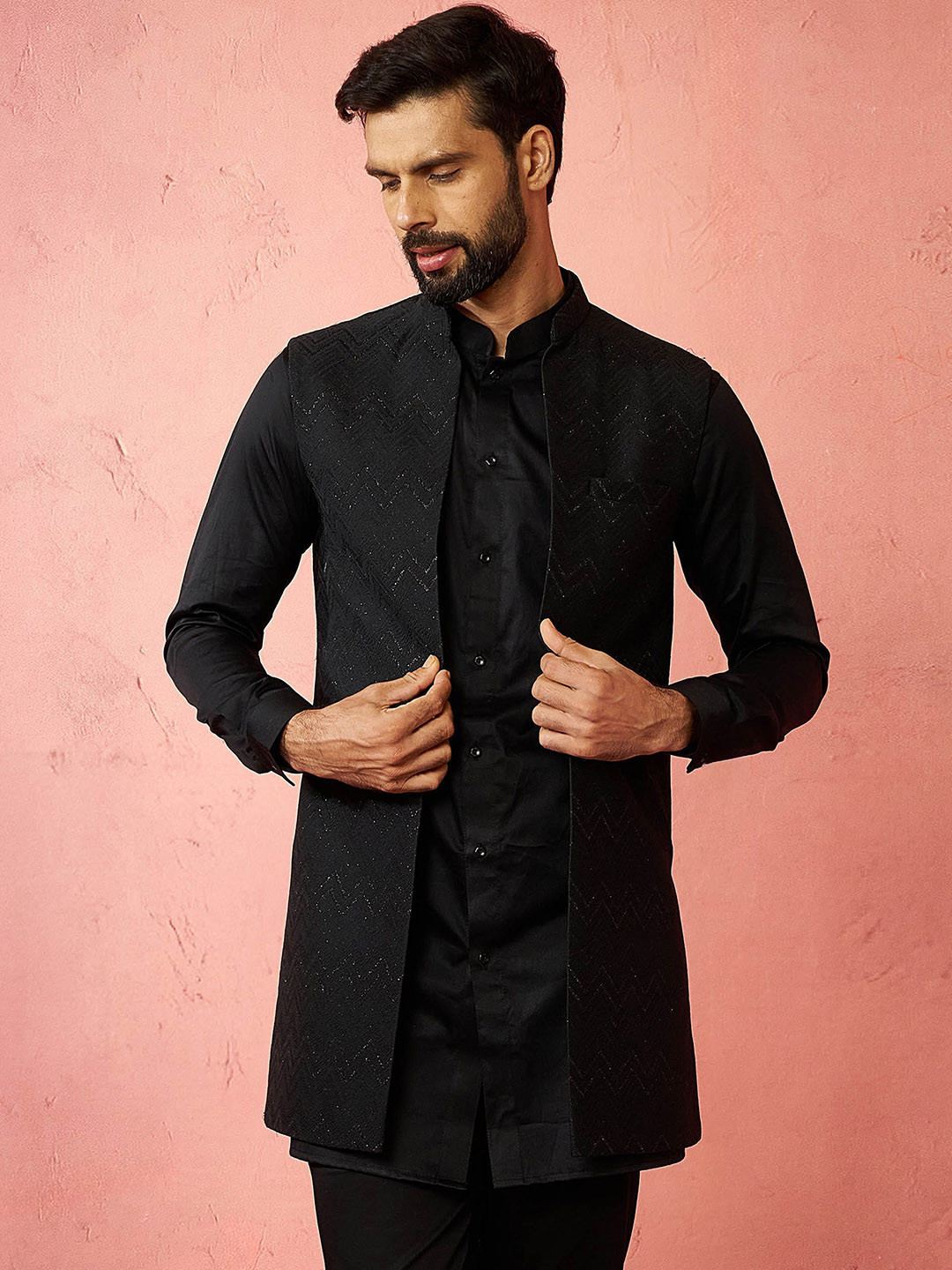 VASTRAMAY Men Jacquard Nehru Jacket Set with Self-Texture