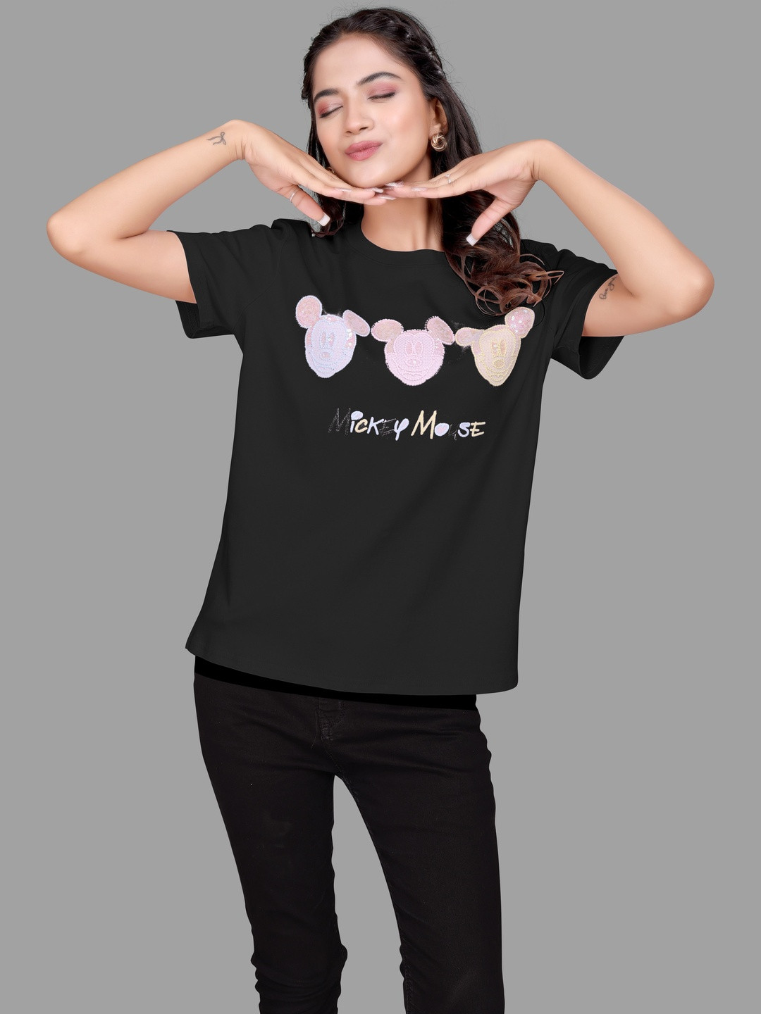 Madborn Creation Women Dazzling Mickey Mouse Sequence Work Oversized Cotton T-Shirt