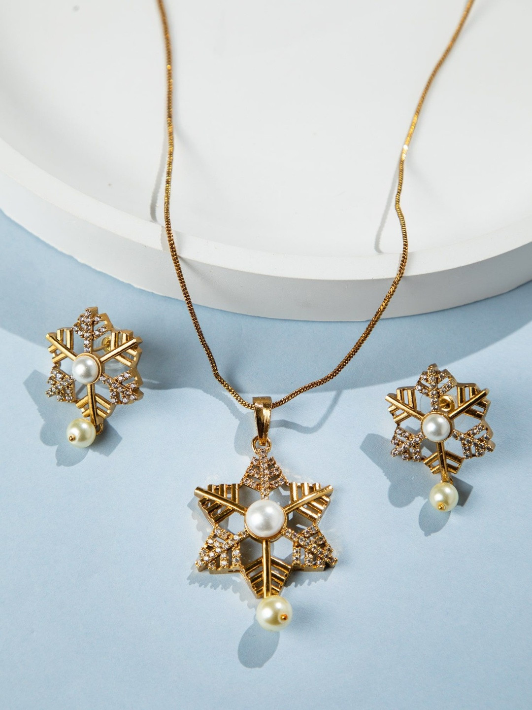 Niscka Gold-Plated Cubic Zirconia & Pearl Studded Necklace & Earrings