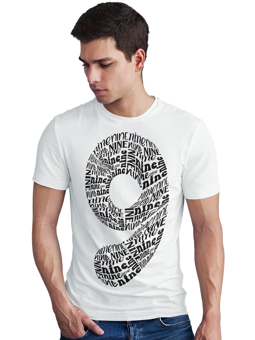 Seekbuylove Number 9 Printed Round Neck Short Sleeves Pure Cotton Bio Finish T-shirt