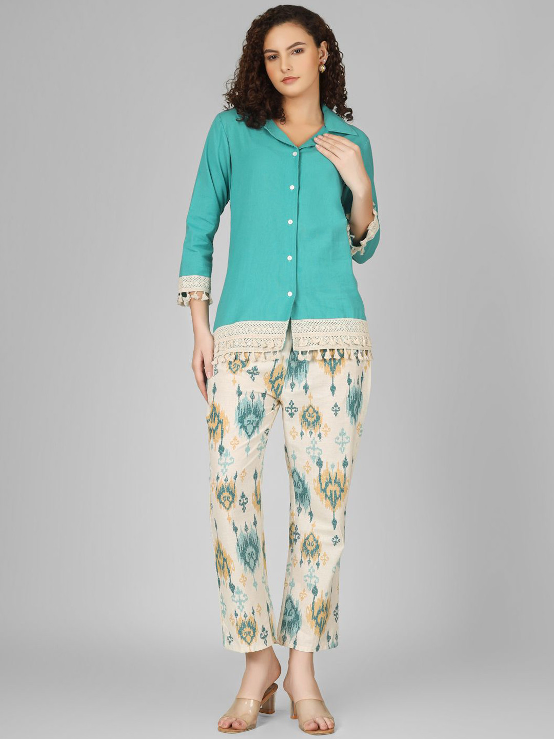 KALINI Three-Quarter Sleeves Lace Inserts Shirt & Ikat Printed Trousers Co-Ords Set