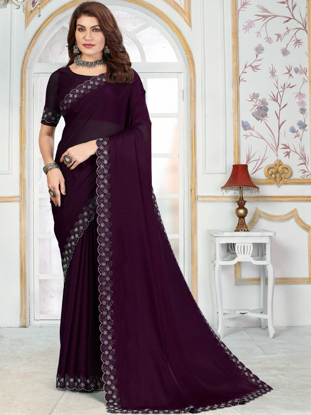 THE WHITE RABBIT Women Embellished Zari Pure Georgette Maheshwari Saree