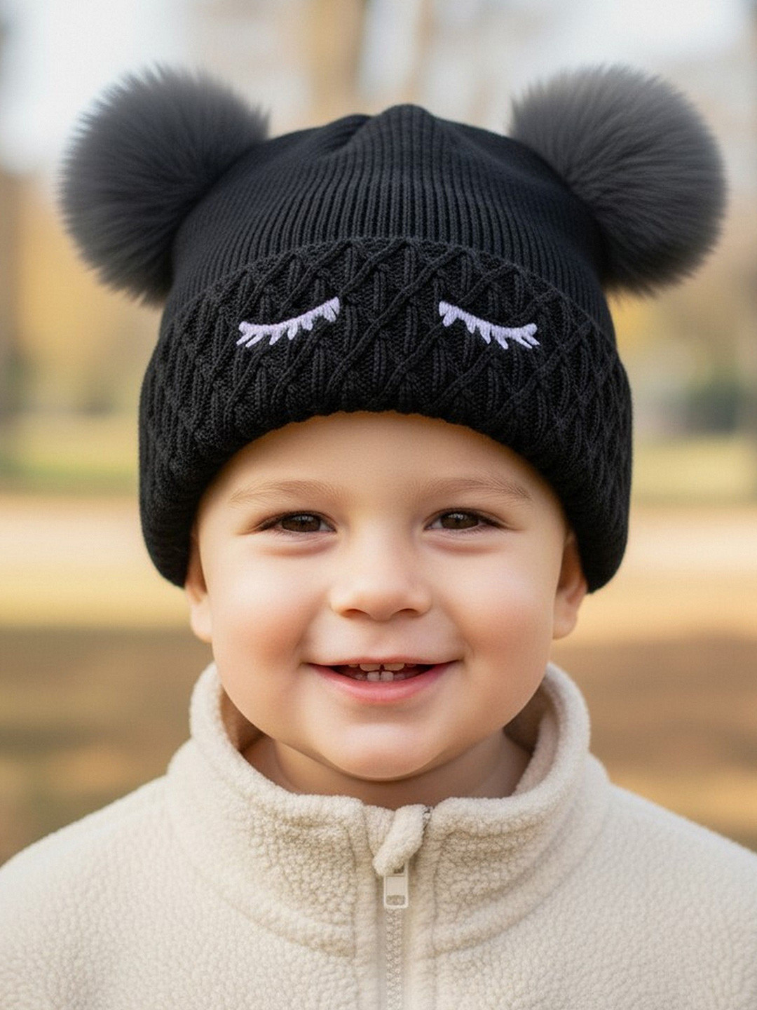 Adorazone Kids Self Design Beanie with Pom Pom Ears and Fur Inside