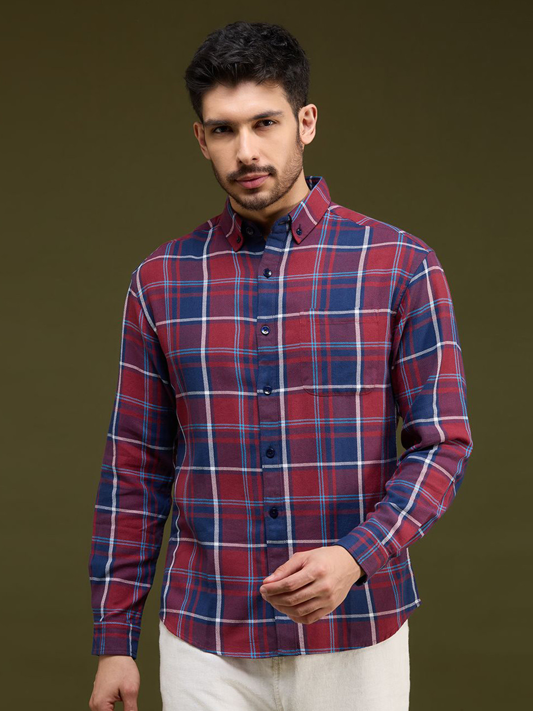NEON CHILLIE Men Tartan Checked Button-Down Collar Cotton Casual Shirt