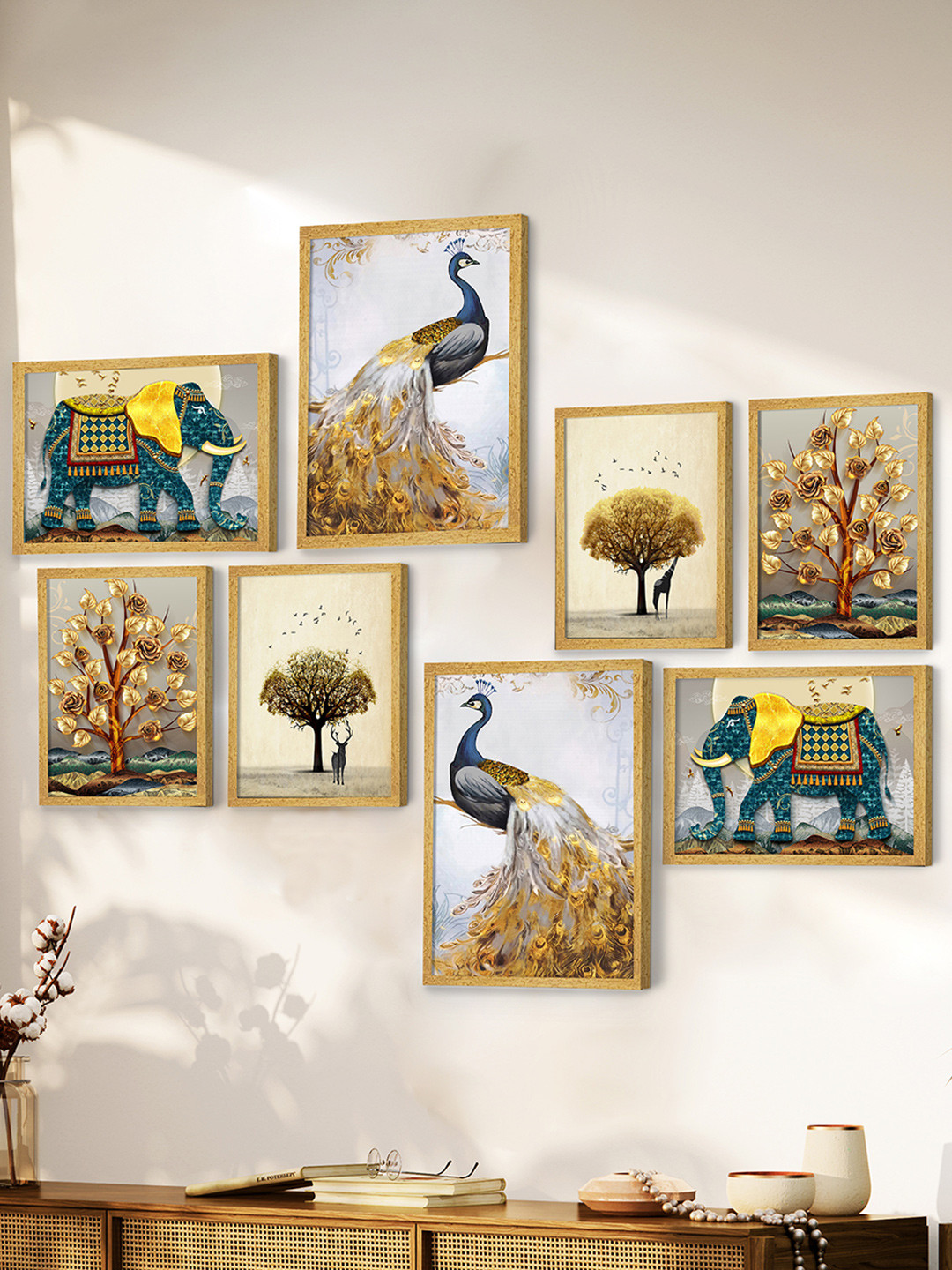 Art Street Gold Toned & Blue 8 Pieces Animals & Peacock Framed Wall Arts