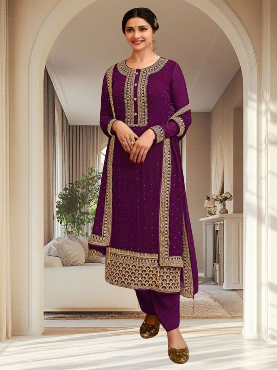 DEALBAZAARS CORPORATION WITH DB LOGO Floral Embroidered Semi-Stitched Dress Material