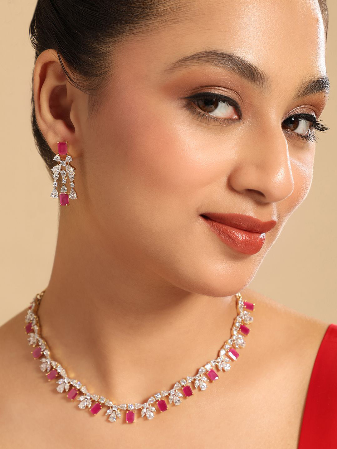 Nuyug  Gold-Plated Brass Cubic Zirconia Ruby Rhythm Necklace & Earrings