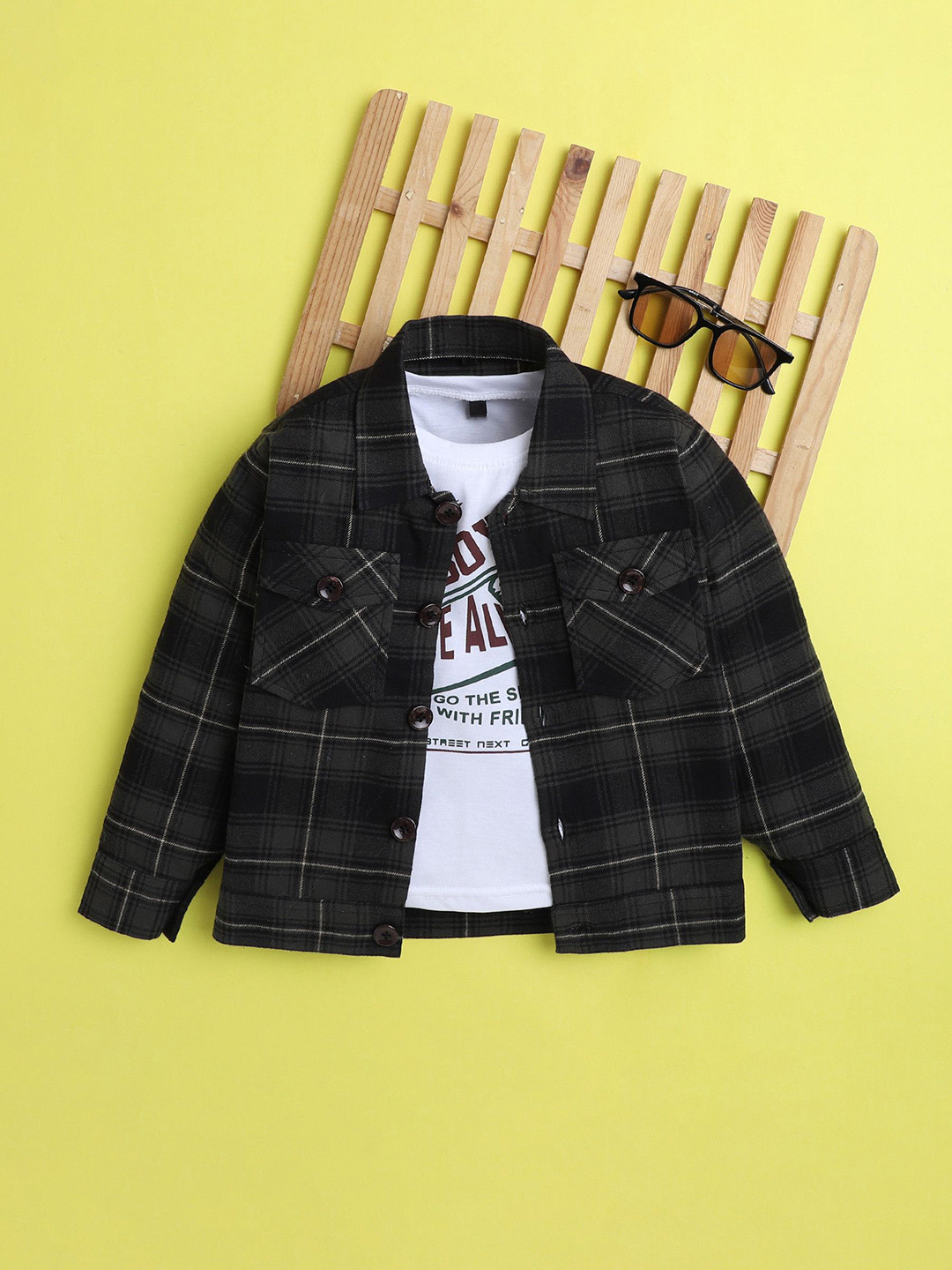 Ministitch Boys Checked Spread Collar Shacket with T-shirt