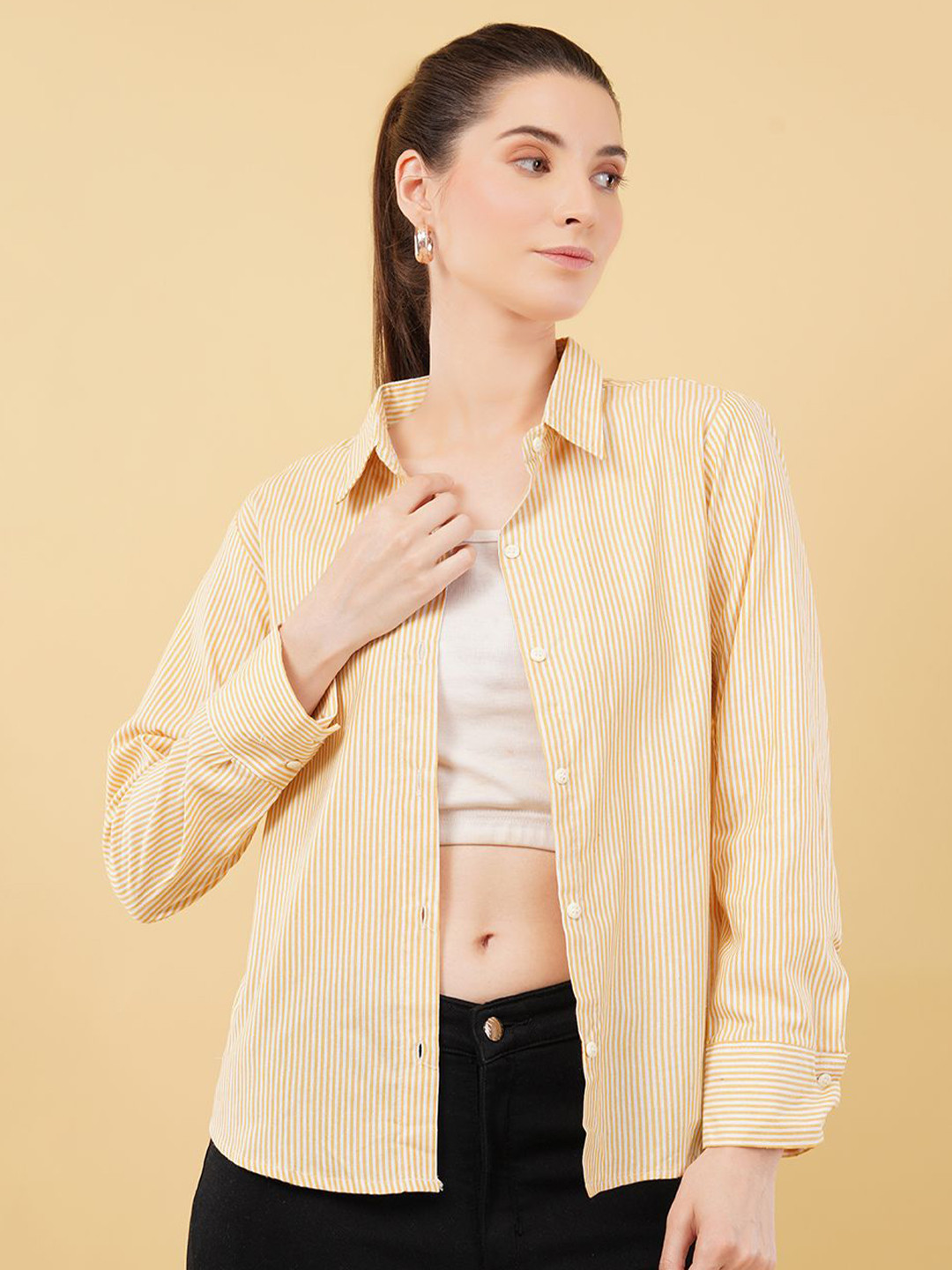 Swaggish Women New Fit Vertical Striped Spread Collar Cotton Casual Shirt