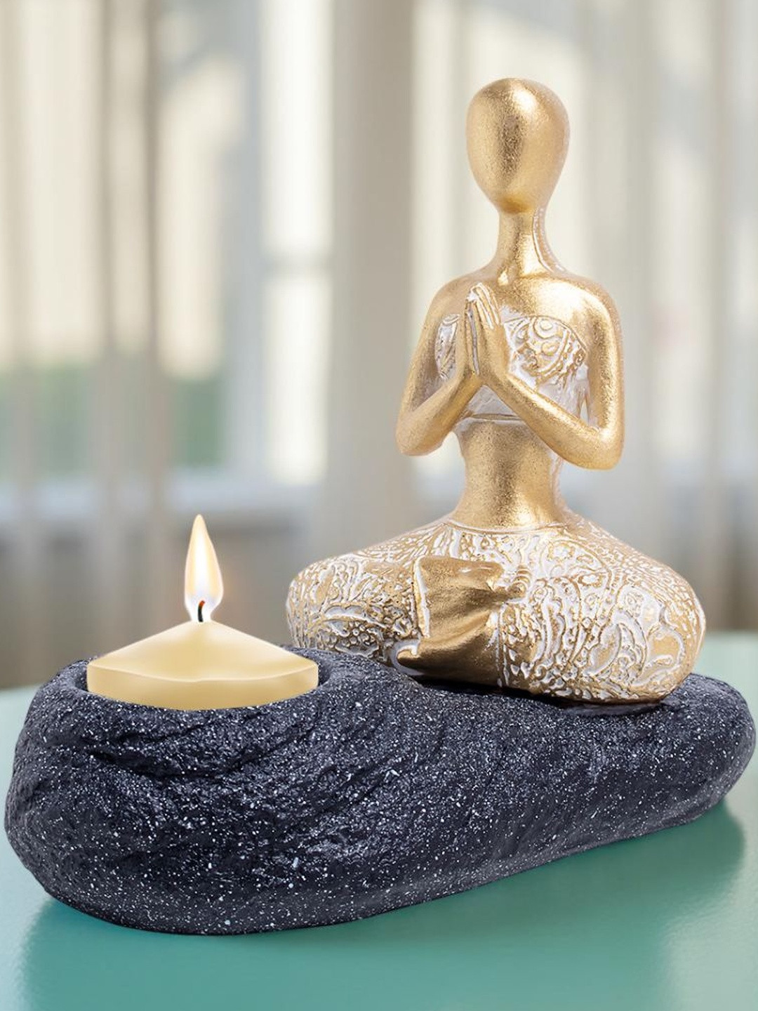 Golden Peacock Gold-Toned & Black Meditating Figurine Showpiece Cum Candle Holder