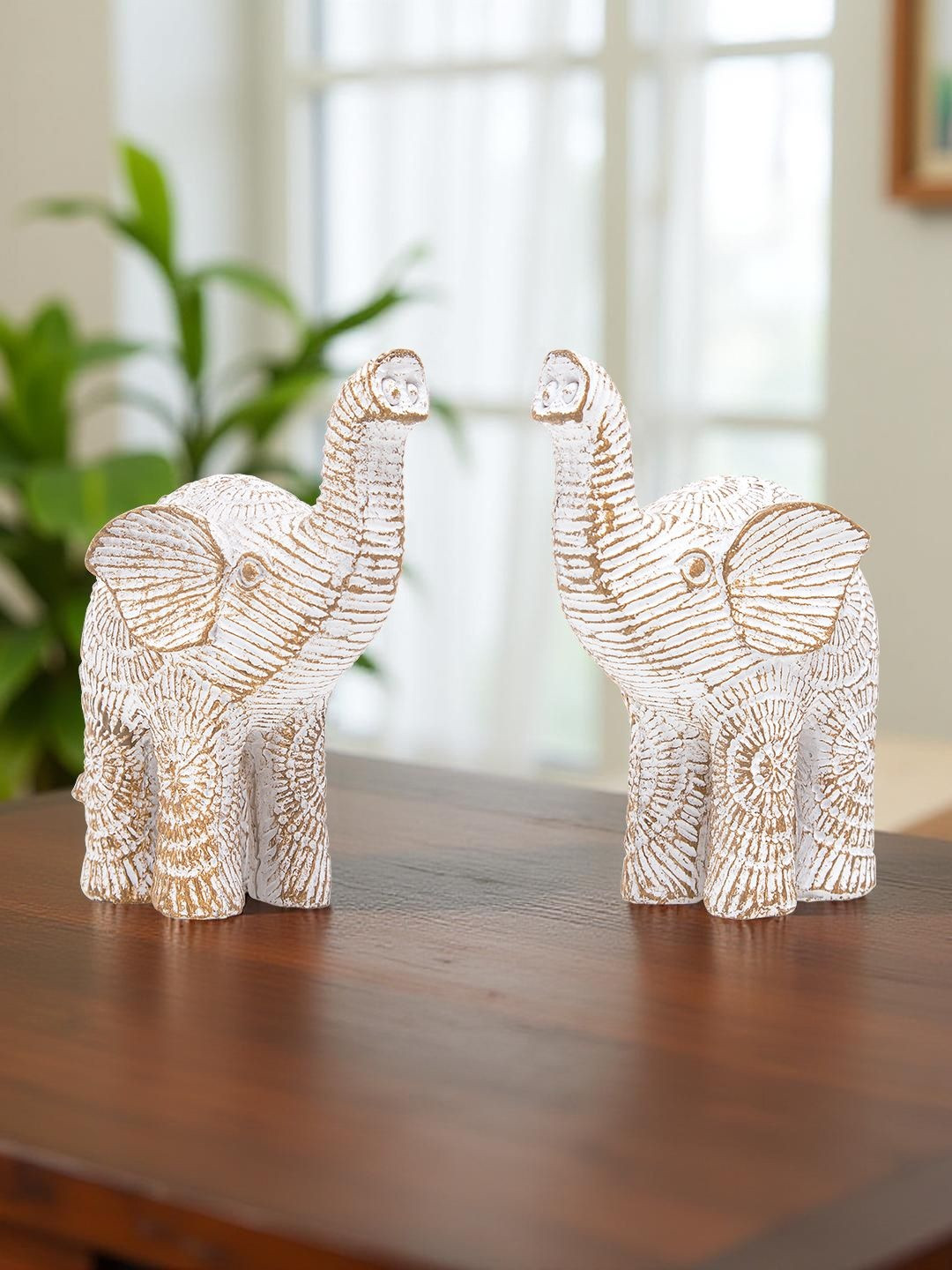 Golden Peacock Gold-Toned & White 2 Pieces Birds And Animals Elephant Showpieces