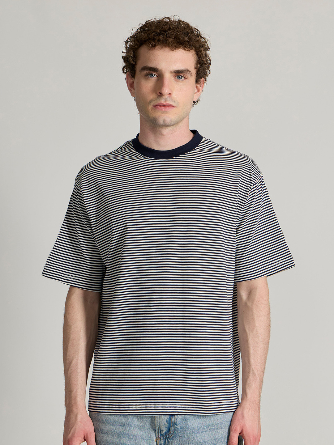 Espanshe Striped Drop-Shoulder Sleeves Pure Cotton T-shirt