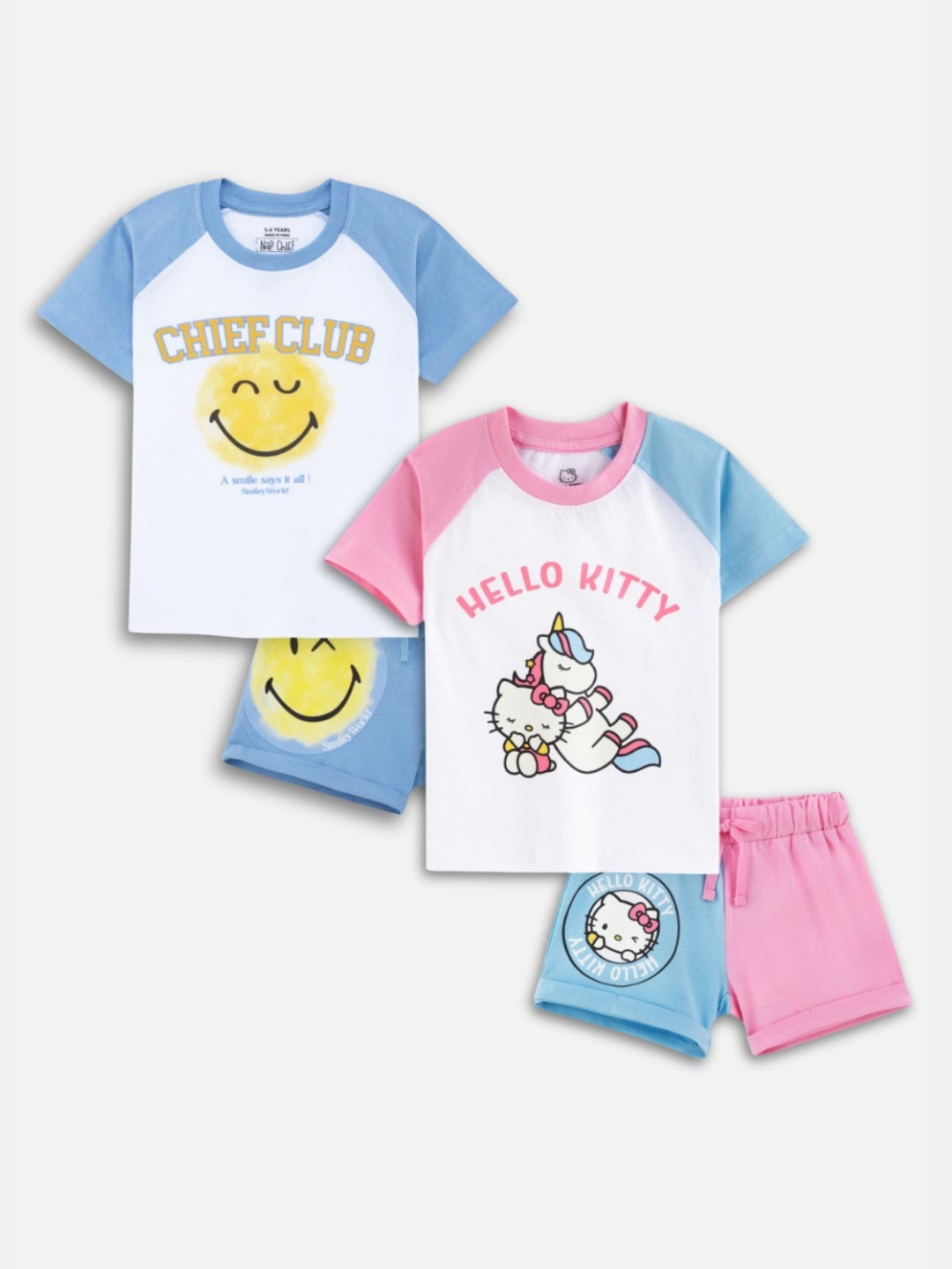 Nap Chief Girls Pack Of 2 Hello Kitty and Smiley Printed Pure Cotton T-shirt With Shorts