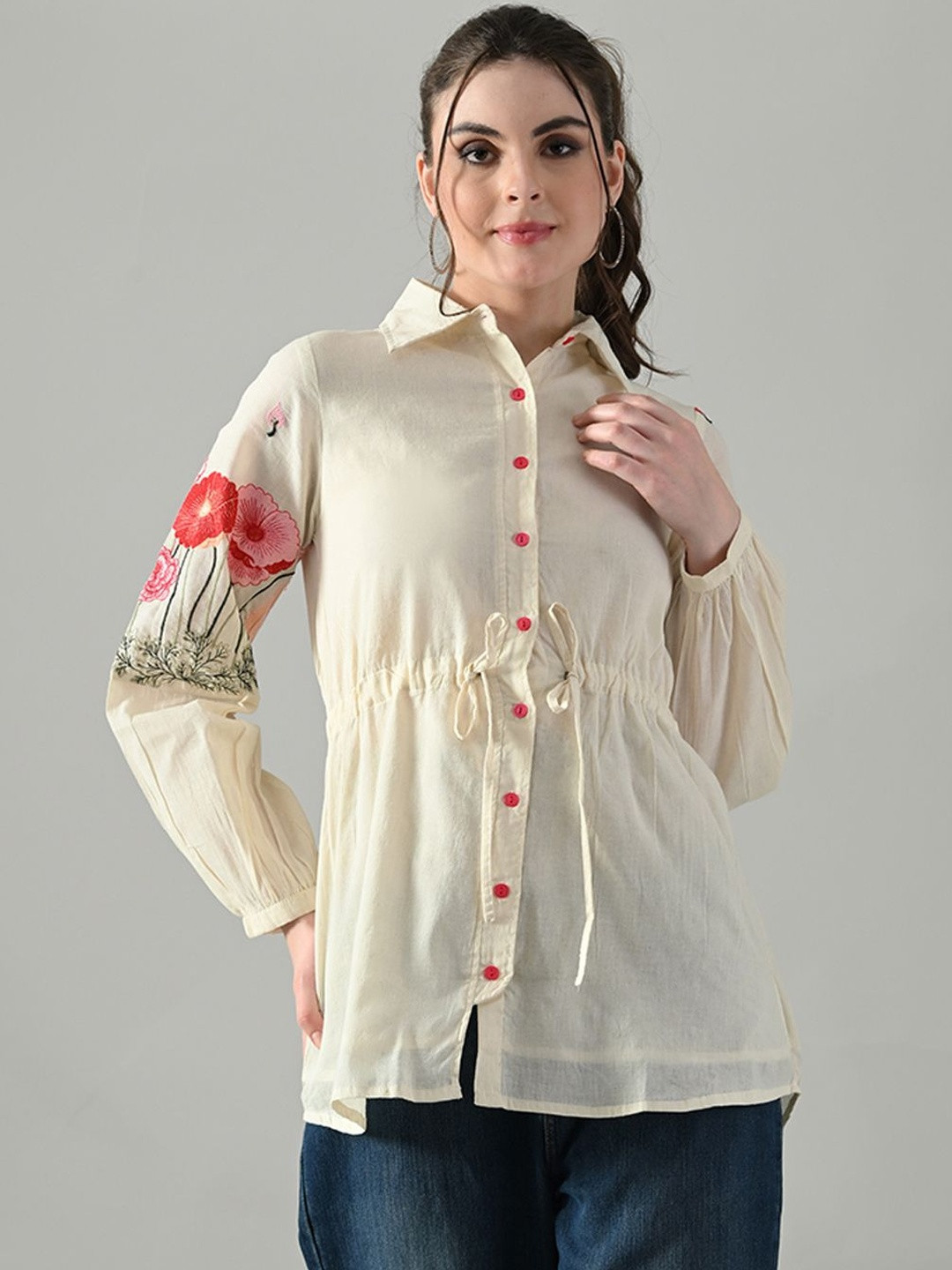 DressBerry Women Floral Embroidered Gathered Long Sleeve Cotton Shirt Style Top