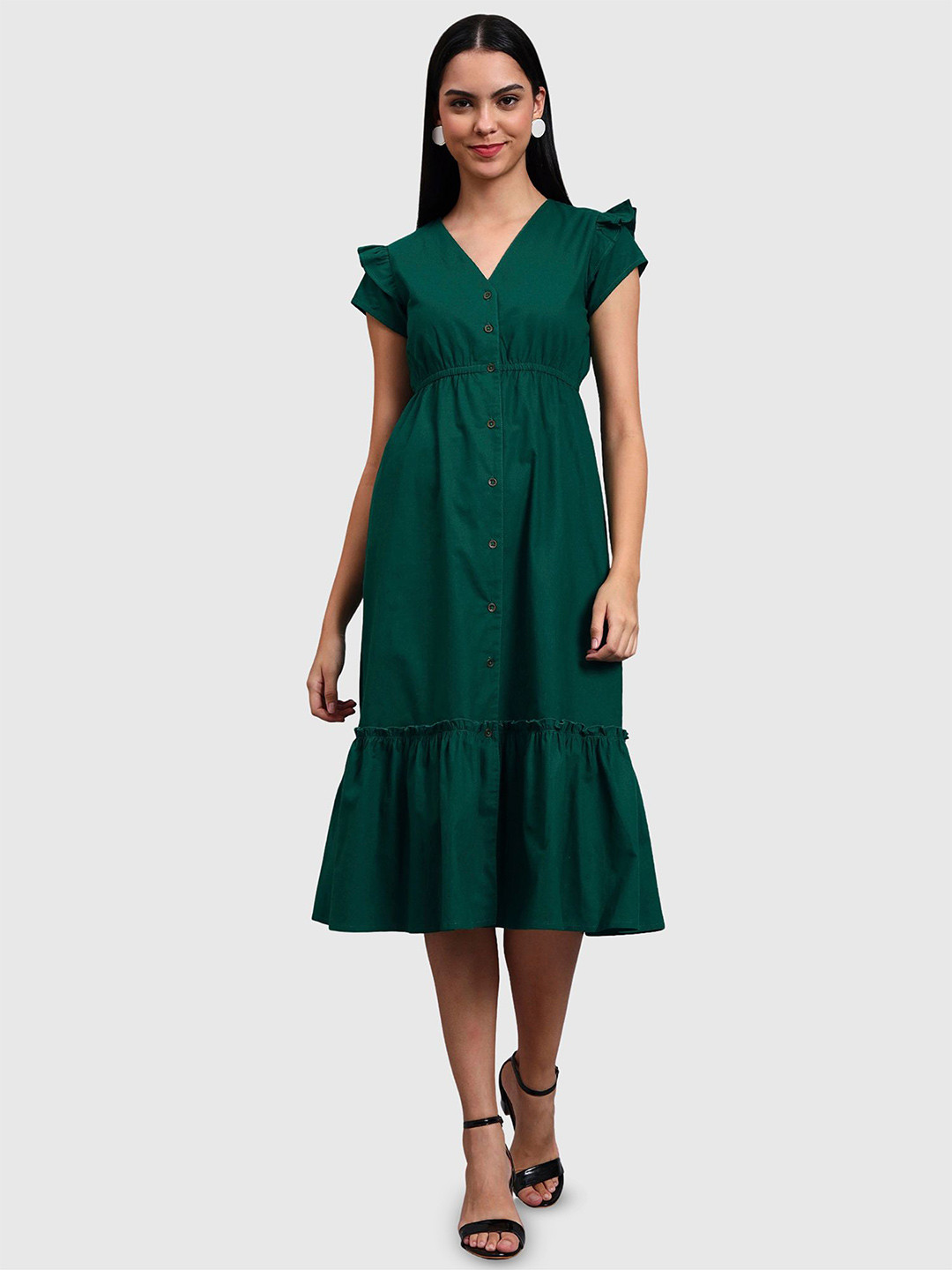 R.Code by The Roadster Life Co. Women Green Pure Cotton Button Down Dress