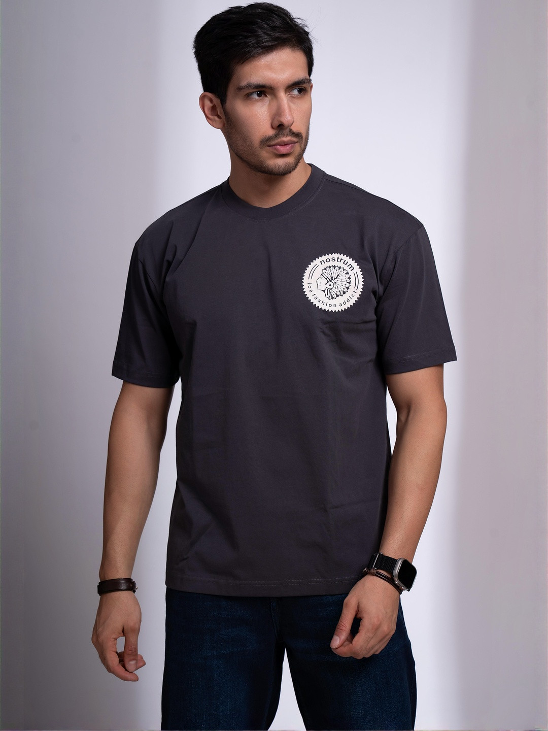 nostrum Men Brand Logo Printed Round Neck Cotton T-shirt