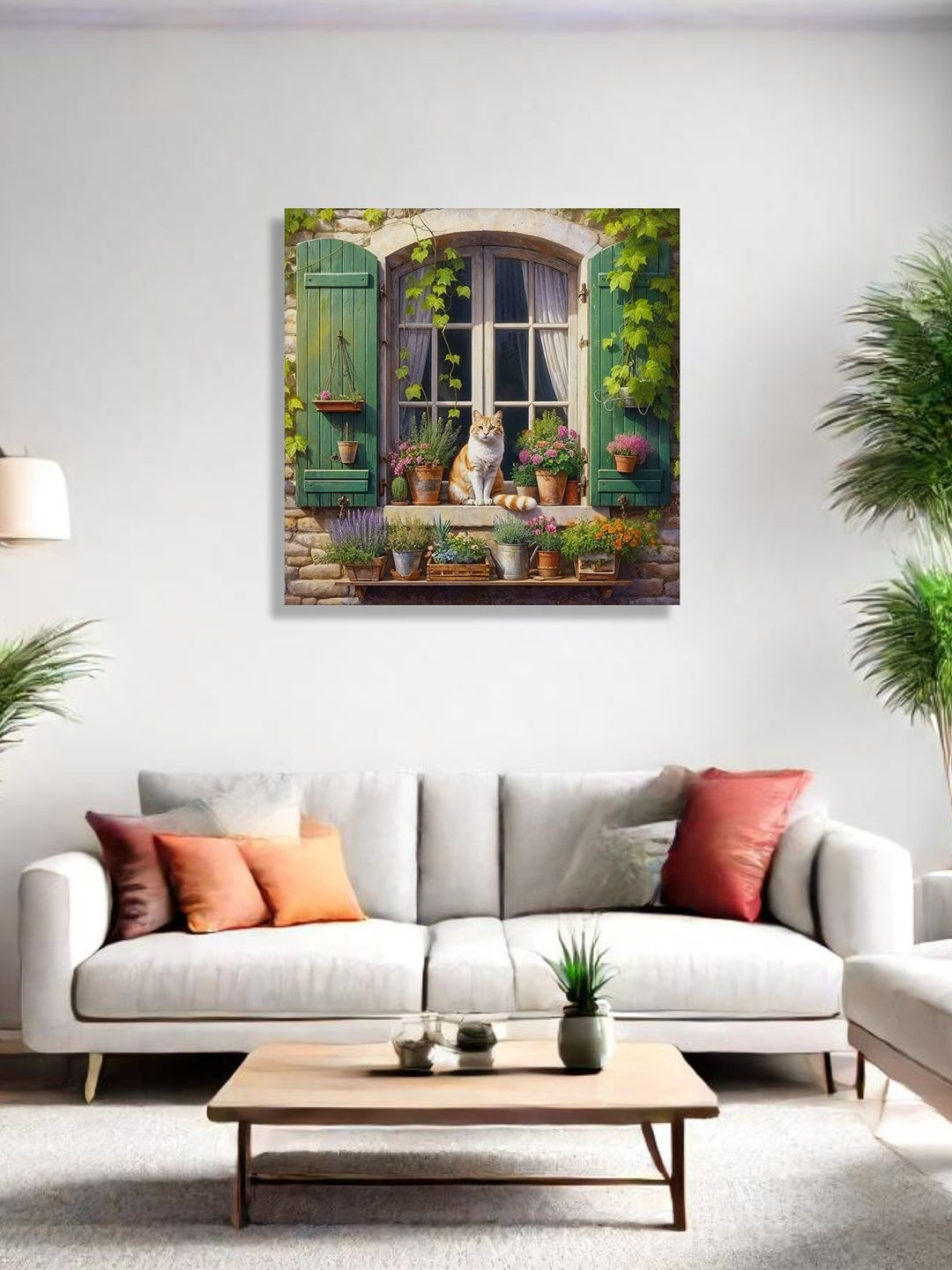 RANDOM Green & Beige Depicting A Cat Sitting On A Stone Windowsill Canvas Wall Art