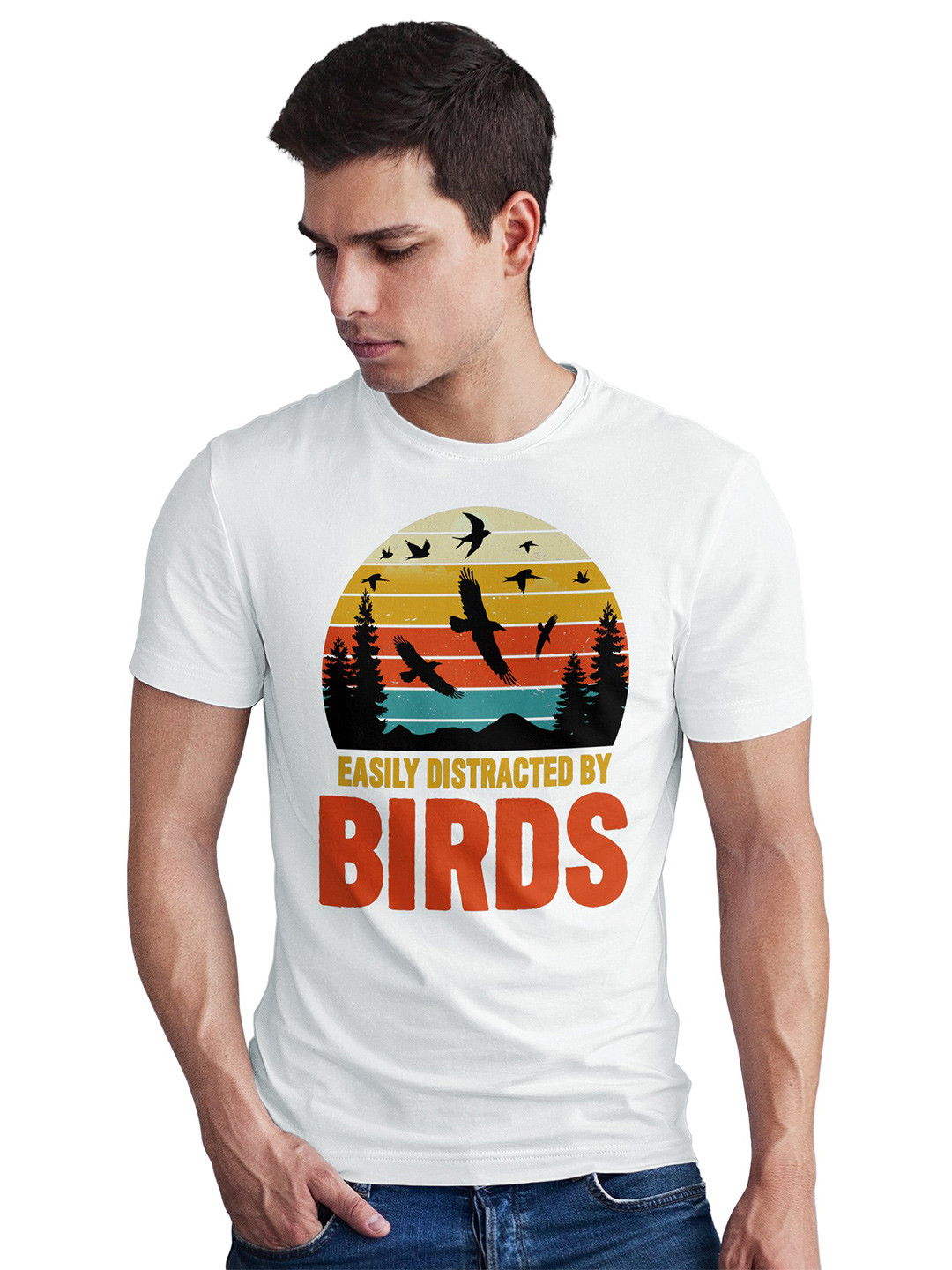 Seekbuylove Easily Distracted By Birds Printed Round Neck Bio Finish Pure Cotton T-shirt