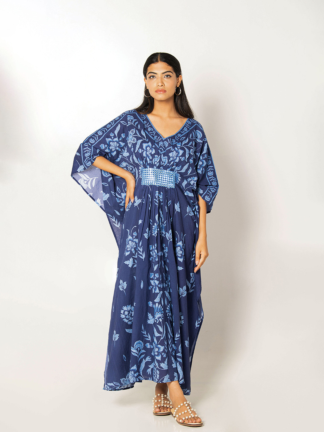 NAAV Floral Print Kimono Sleeve Mirror Work Cotton Kaftan Maxi Dress