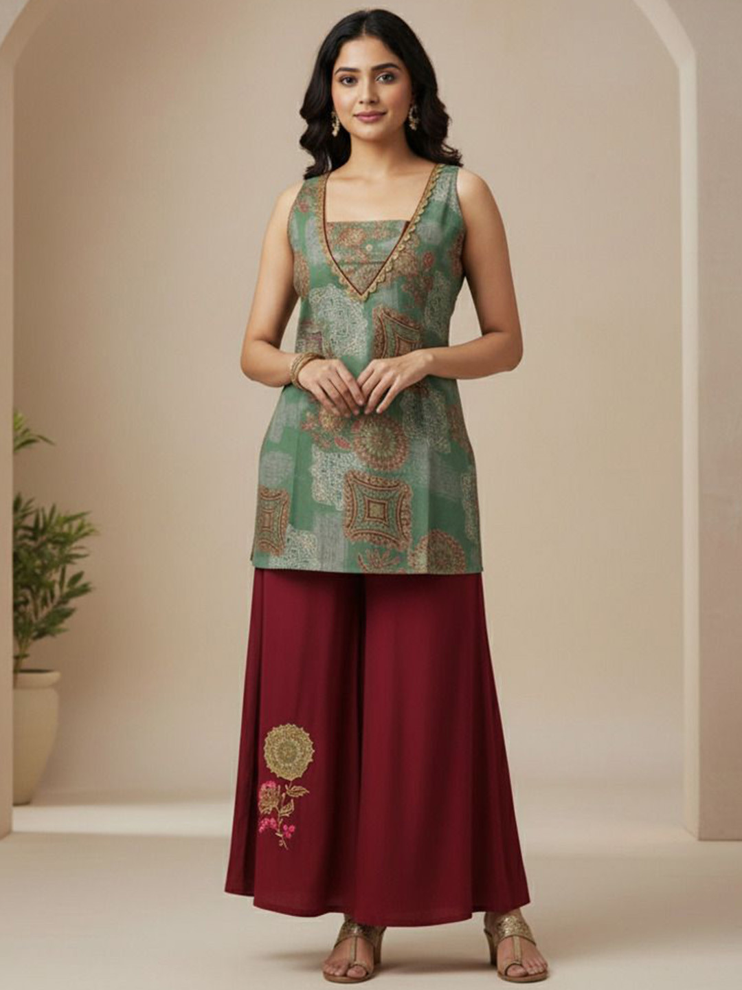 Loomfresh Mehrunisa Printed Square Neck Pure Cotton Tunic With Palazzo