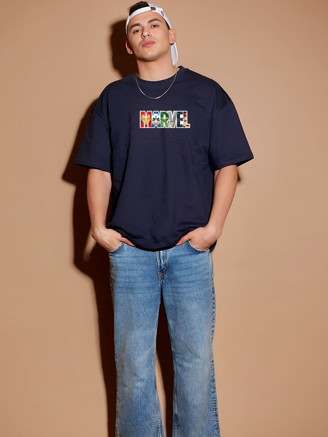 BDSQUARE Men Marvel Printed Oversized Drop-Shoulder Sleeves T-shirt