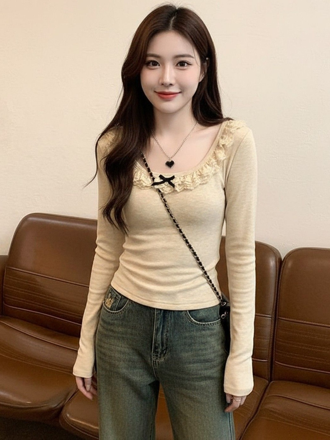 Mast & Harbour Women Scoop Neck Long Sleeves Frills  Detail T-shirt