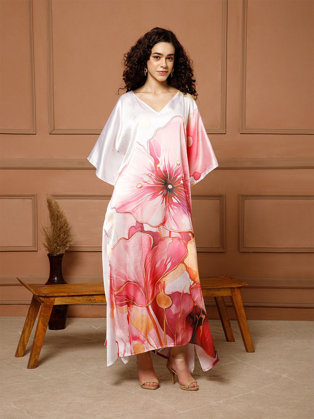 Aditi Wasan Floral Printed Kimono Sleeve Satin Kaftan Maxi Dress