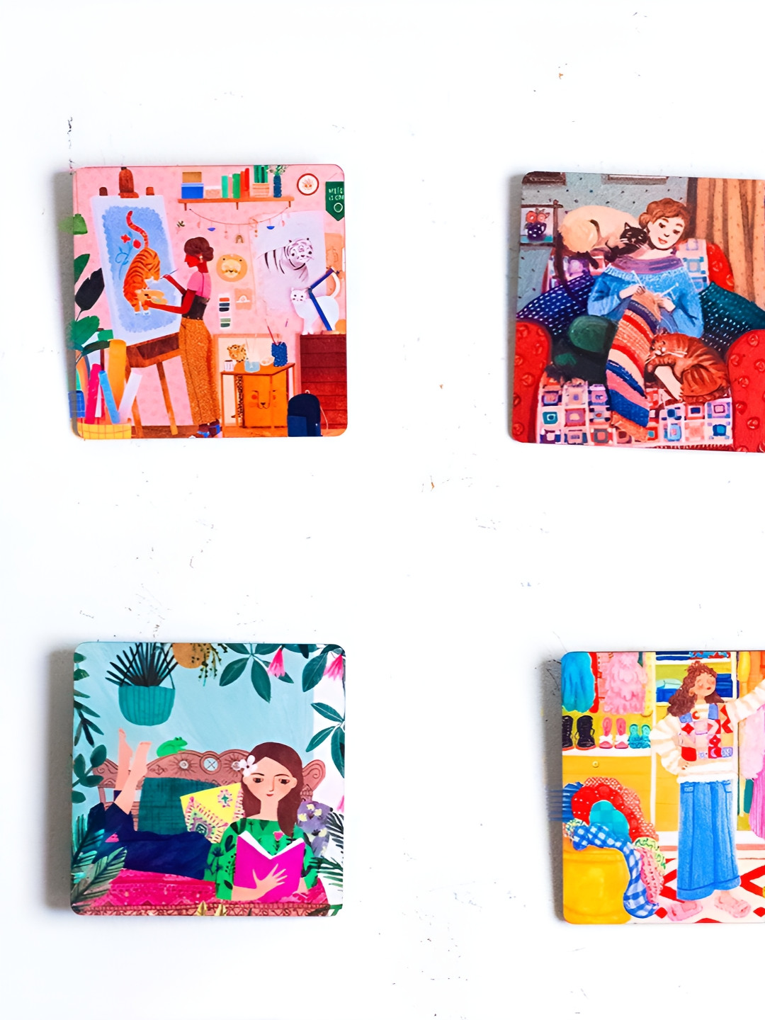 Katha Plates Blue & Brown 4 Pieces Printed Wooden Lone Girl Wall Arts