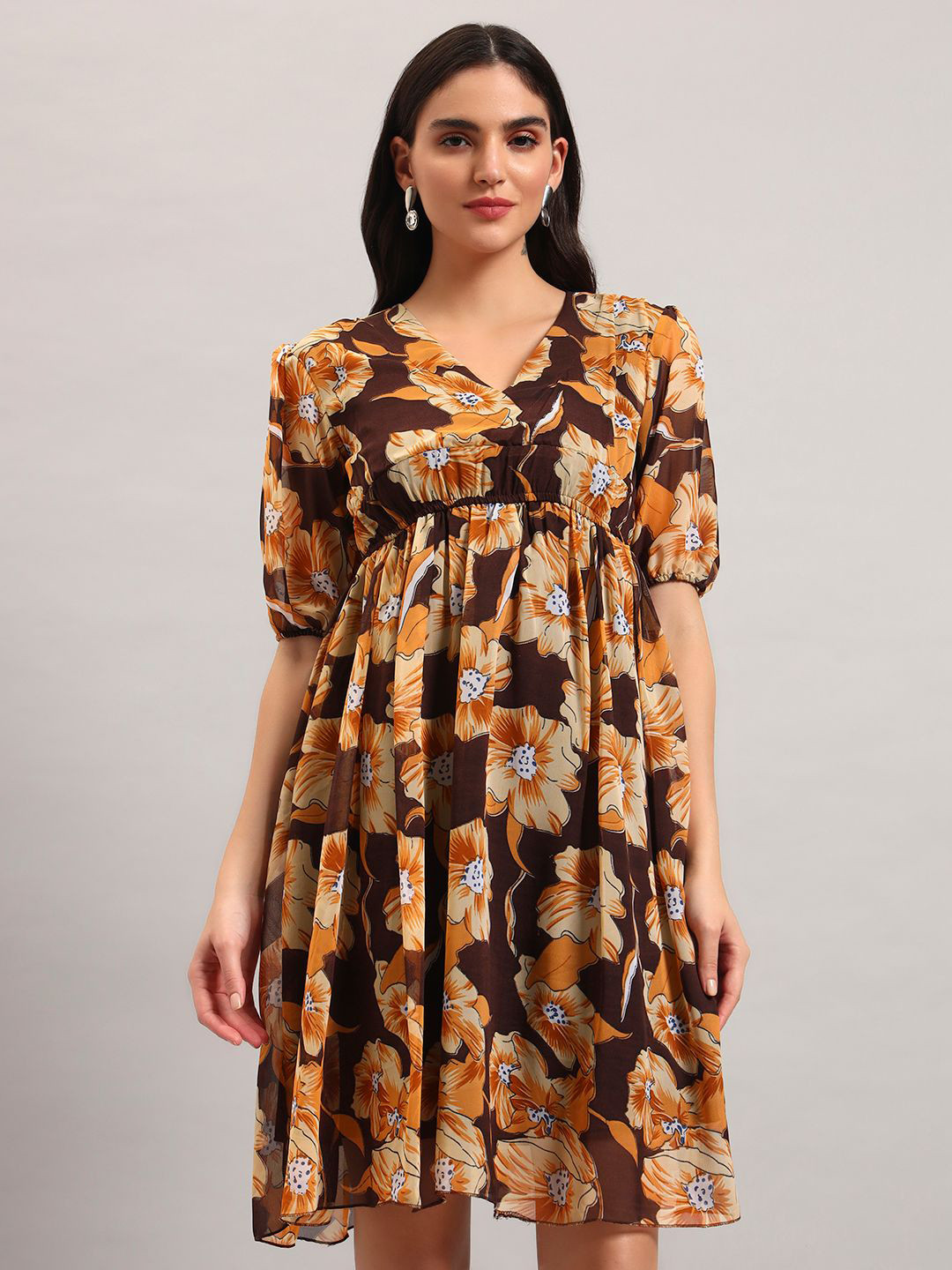 ROSEMELON Women Floral Printed Puff Sleeve Fit & Flare Midi Dress