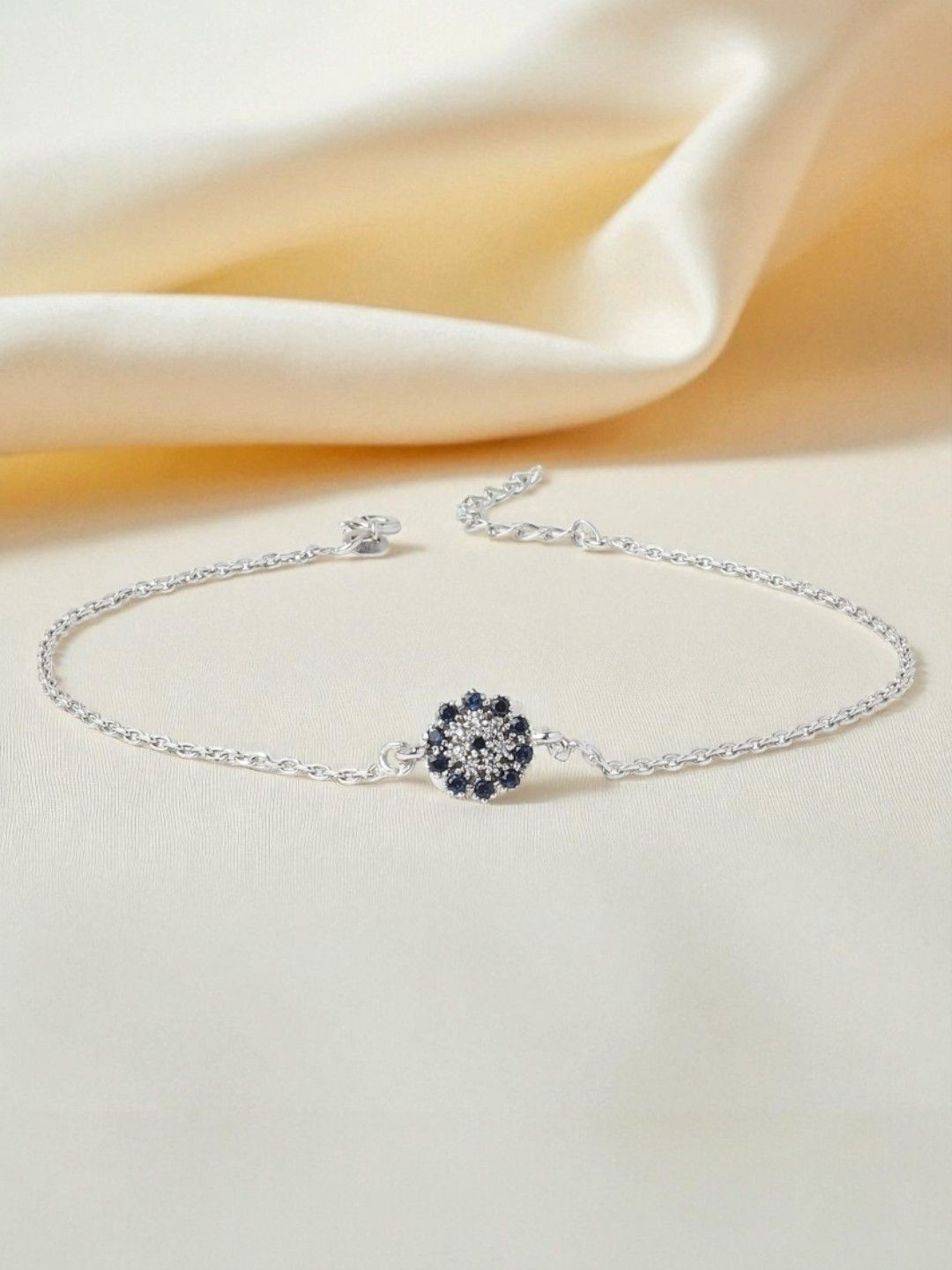 AKSHAT SAPPHIRE 92.5% Pure Silver Rhodium Plated Evil Eye Fashionable Anklet